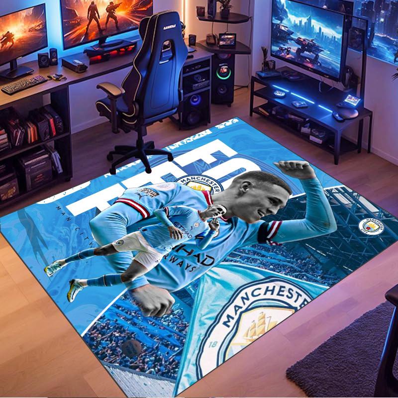 Man City Football Player Portrait Print Area Rug Non‑Slip Rectangular Floor Mat Soccer Fan Gaming Living Bedroom Decor