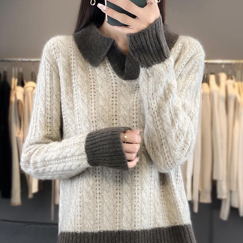 Women's V-Neck Color Block Wool Sweater - Autumn/Winter 2024, Thick Cable Knit, Short Sleeve