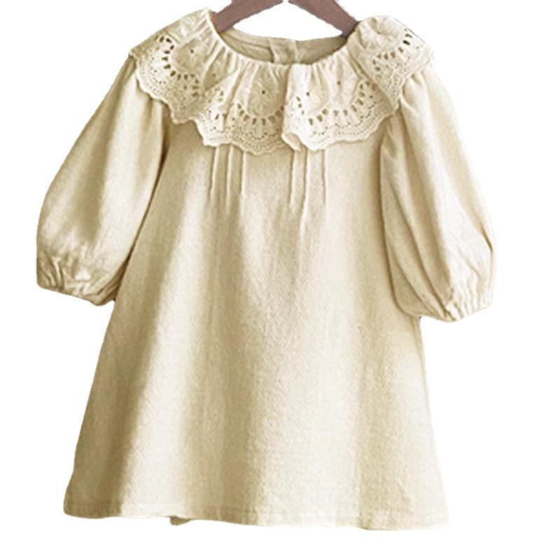 Koreański Styl Wiosna/Jesień Dziewczęca Koronkowa Sukienka Księżniczki A-Linii z Klapą z Liści Lotosu