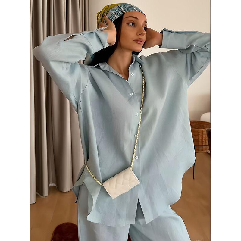 Light-Sensitive Oxygen Wear French Lazy Style Loose and Simple Pure Color Cotton and Linen Shirt + Straight-leg Loose Pants Two-piece Set