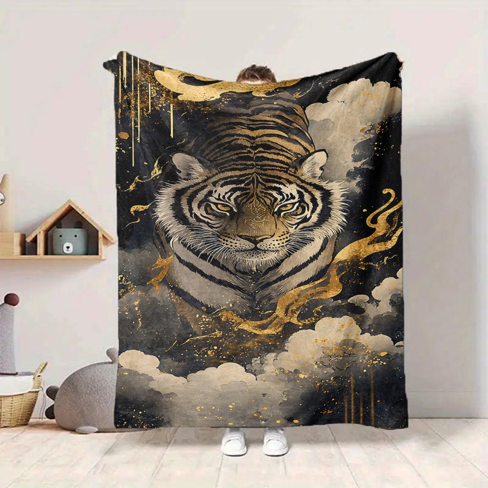 1pc Tiger Art Print Soft & Warm Polyester Knit Blanket, Digital Printed, All-Season Throw for Napping, Traveling, Sofa yy250906045