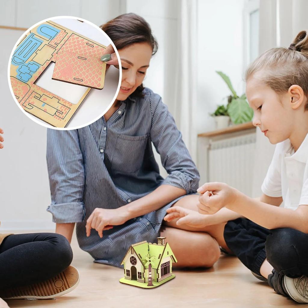 NOELAMOUR 3D Wooden Puzzle, Cute House Set of 4, Kids Educational Toy, 3D Craft DIY Craft Kit