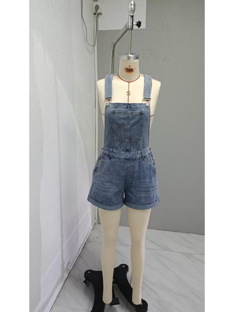 Salopette Corta in Denim da Donna Americano-Europea con Tasche - Vestibilità Slim, Trendy e Cool - Estate 2025