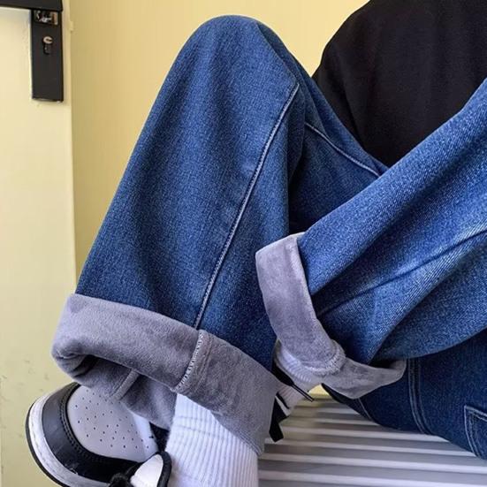 Denimbukser for menn Elastisk midje Justerbar snøring Rett brede ben Jeans Høst Vinter Varmeisolasjon Fløyelsbukser