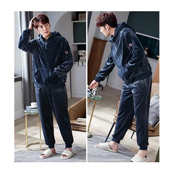 [D.IIZOO] Parka Style Long Sleeve Fluffy Pajamas Men's Winter Top and Bottom Set Room Wear Loose Warm Cold Protection Loungewear Fleece Lined Pajamas