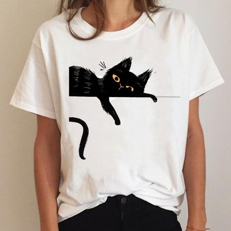 

Women Short Sleeve Fashion Clothing Clothes Graphic T Shirt Cat Sweet 90s Trend Summer Tee Ladies Cartoon T-shirt Female Top M