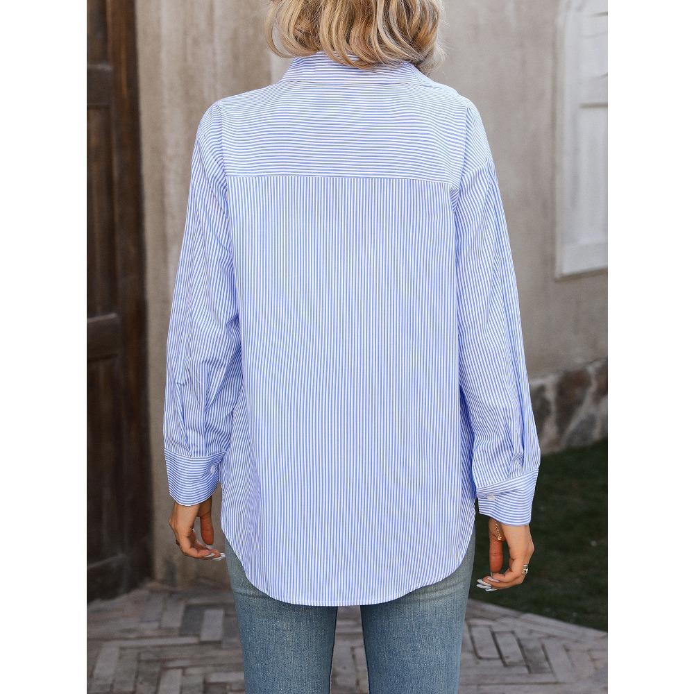 Autumn Loose Commuting Casual Long Sleeved Striped Women's Blouses & Shirts
