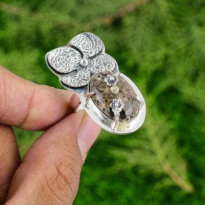 925 Sterling Silver Oval Turritella Agate Stone Statement Flower Ring Jewelry
