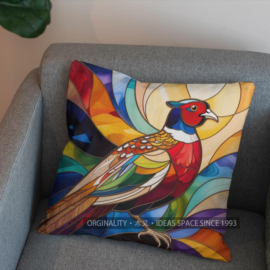 2D Colorful Stained Glass Pheasant-Printed Pillow Cover Pattern Cushion Cover Suitable For Sofa Bedroom Car Pillow Cover