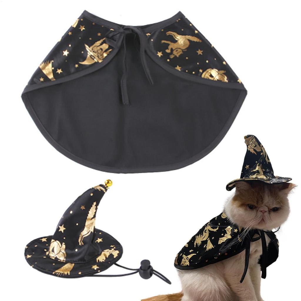 Katzenhexe Kostüm Haustier Halloween Umhang Gold Druck Design Cosplay Umhang Für Katzen Hunde Kleine Tiere Party Festlich Fotografie