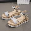 Spring and summer new rivet glossy wedge sandals women's one-word with buckle muffin thick-soled large-size women's sandals