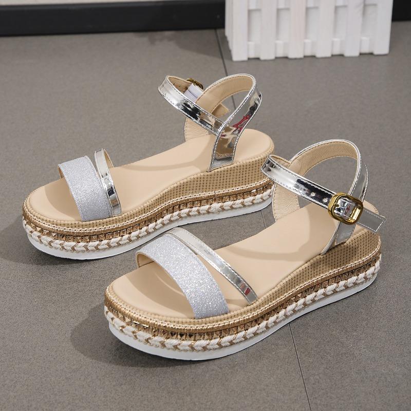 Spring and summer new rivet glossy wedge sandals women's one-word with buckle muffin thick-soled large-size women's sandals