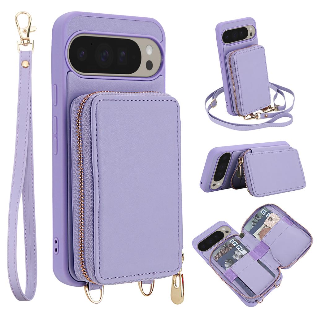For Google Pixel 9 Pro XL Case RFID Blocking Zipper Wallet Leather + TPU Phone Cover with Shoulder Strap