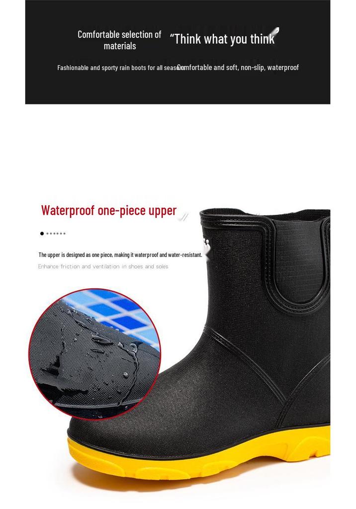 Unisex Mid-Calf Waterproof Rain Boots: Non-Slip, Wear-Resistant Rubber Shoes for Outdoor, Kitchen, Car Wash & Sports. Pull-On Style.