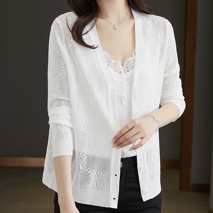 Letní dámská ledová hedvábná pletenina krém na opalování volný pletený kardigan tenká pletená bunda s výstřihem