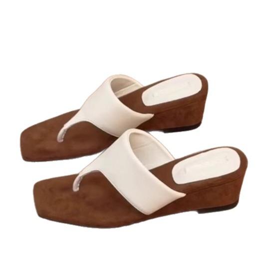 Soft Leather Version~ Thick-soled Heightened Flip-flops, Retro Minimalist Square Toe Cool Slippers, Women's Slope Heel Beach Shoes