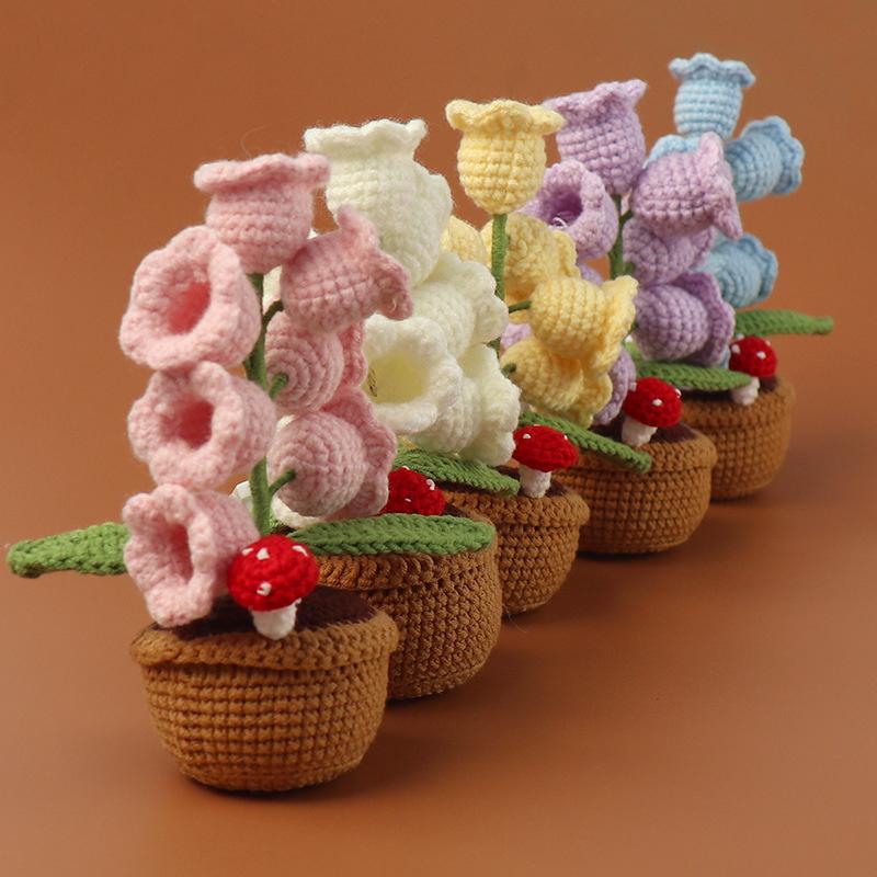 Artificial Bell Orchid Flowers Knitted Flowers Small Potted Knitted Orchid of The Bell Flowers for Car Dashboard Cute Car