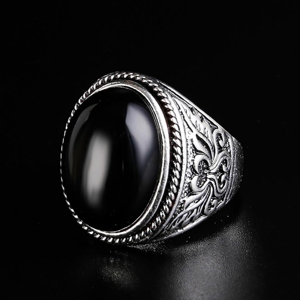 Men Vintage Artificial Gem Finger Ring Carving Band Jewelry Party Banquet Gift
