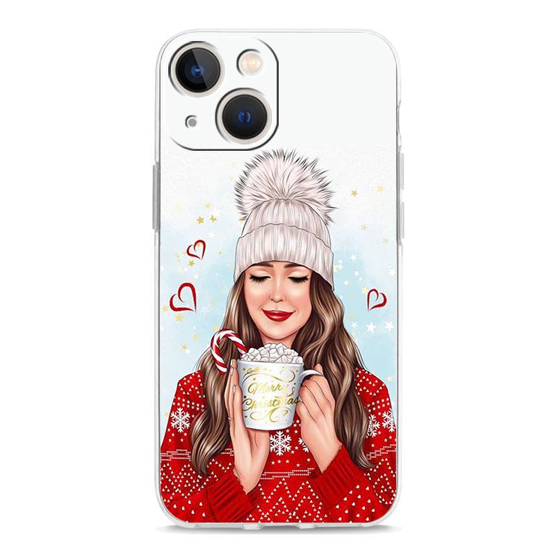 Christmas Art Girls Coffee Transparent Phone Case For iPhone 15 14 13 12 11 Pro Max XS X XR SE 7 8 Plus TPU Lens Protect Cover