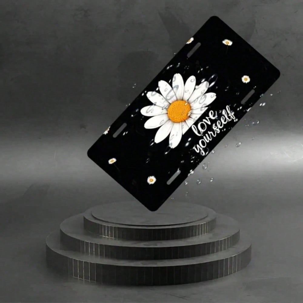 2D Flat White Daisy License Plate Frame, Waterproof Aluminum Front Car Tag Cover, 5.9x11.8 Inch Decorative