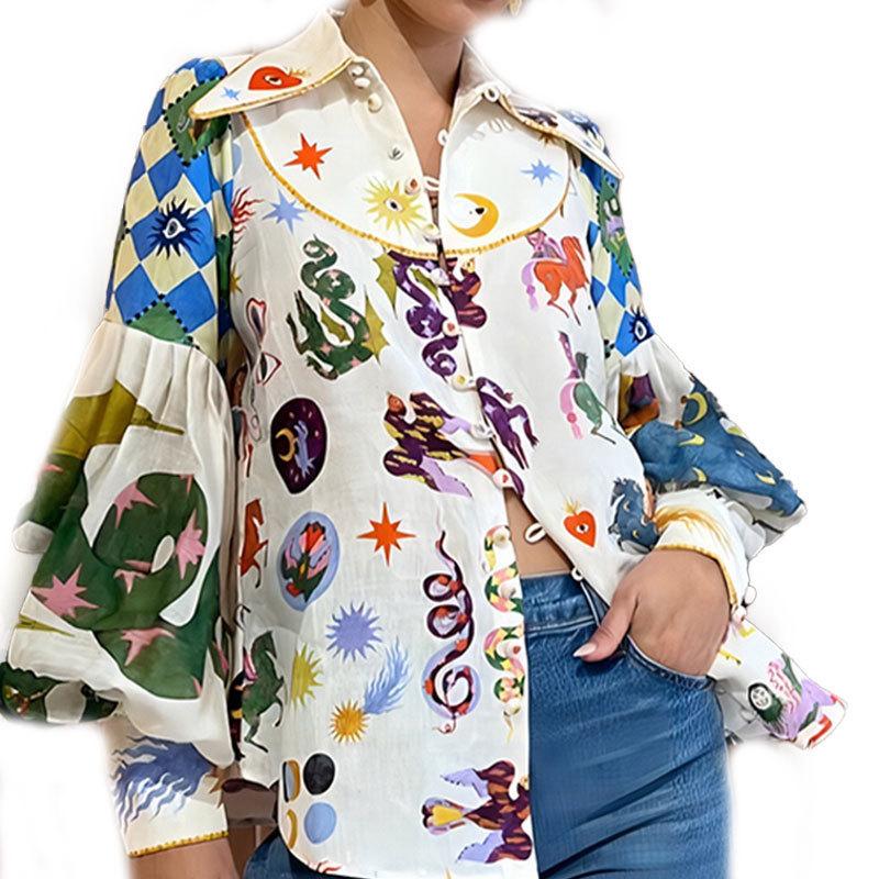 Damen Frühling Sommer Temperament Pendler Print Revers Einreiher Laternenärmel Hemd