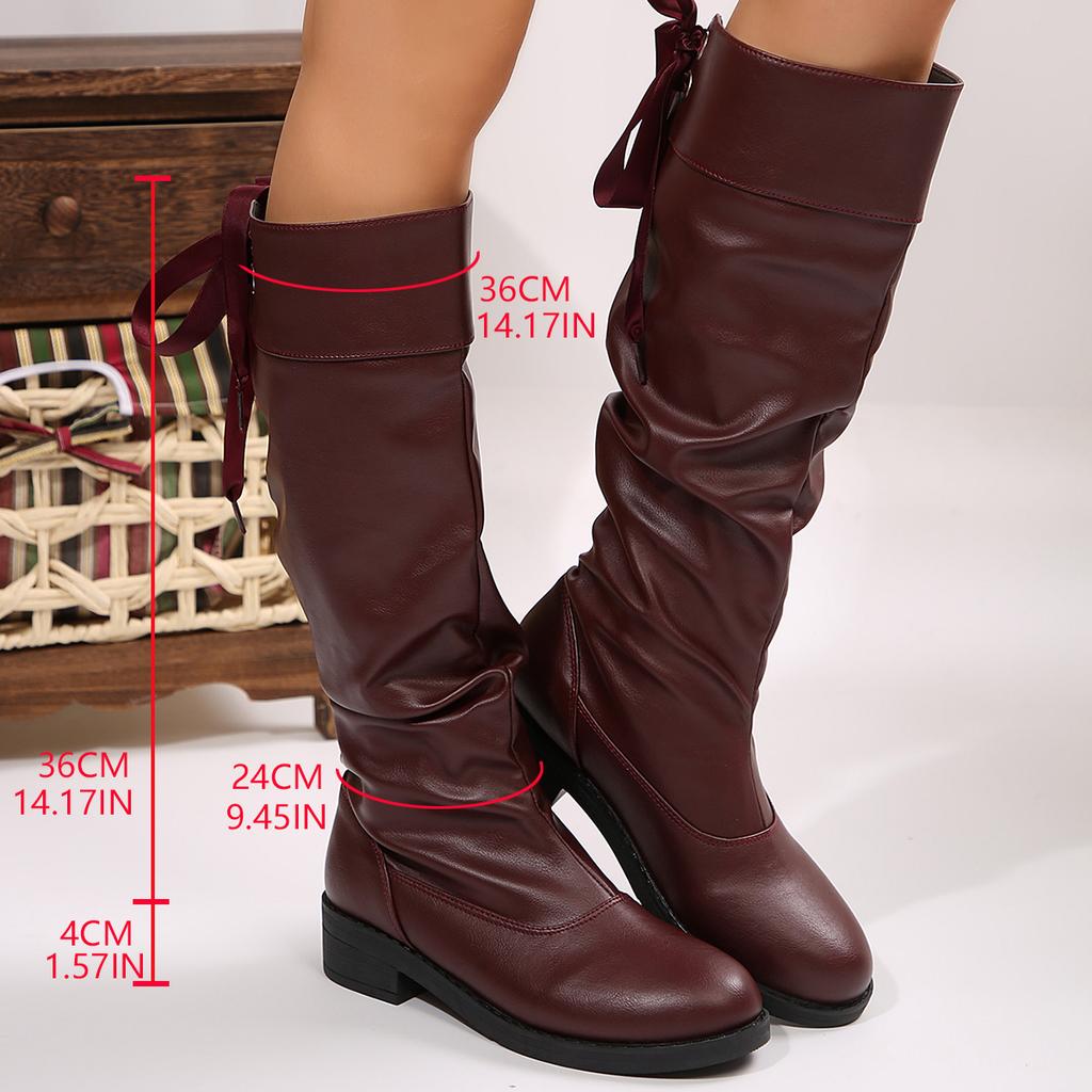 Fashion Women Soft Leather Pleated Knee High Boots Buckle Belt Round Toe Flat Solid Shoes Sexy Hotties Fashion Loose Comfortable Pumps