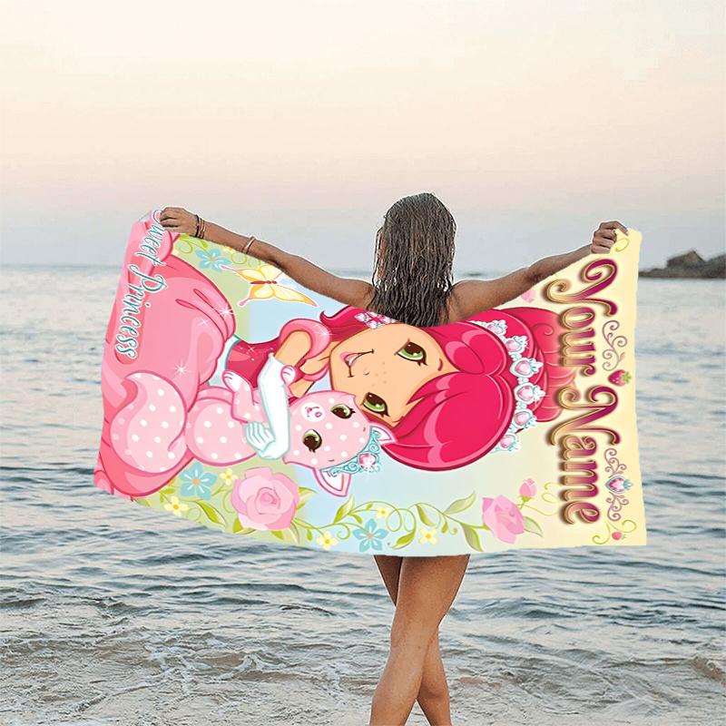 1pc Princess Strawberry Beach Towel with Custom Name, Beach and Seaside Swimming Pool Equipment, Fashion Pattern, Rectangular, Travel Essential