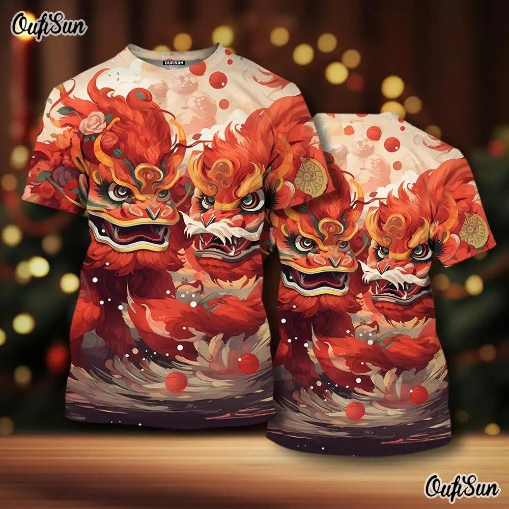 2024 Neujahr Herren T-Shirt Drache 3D-Druck Tiermuster Herren T-Shirt Chinesisches Jahr des Drachen Kurzarm rote Tops