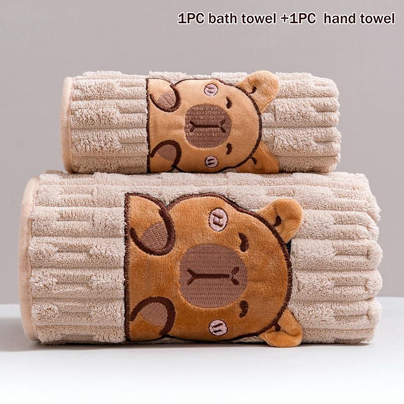 Cute 2-Piece Capybara Face Towel Set, Extra Soft Coral Fleece, 34x74 Inch Towel And 70x140 Inch Bath Towel