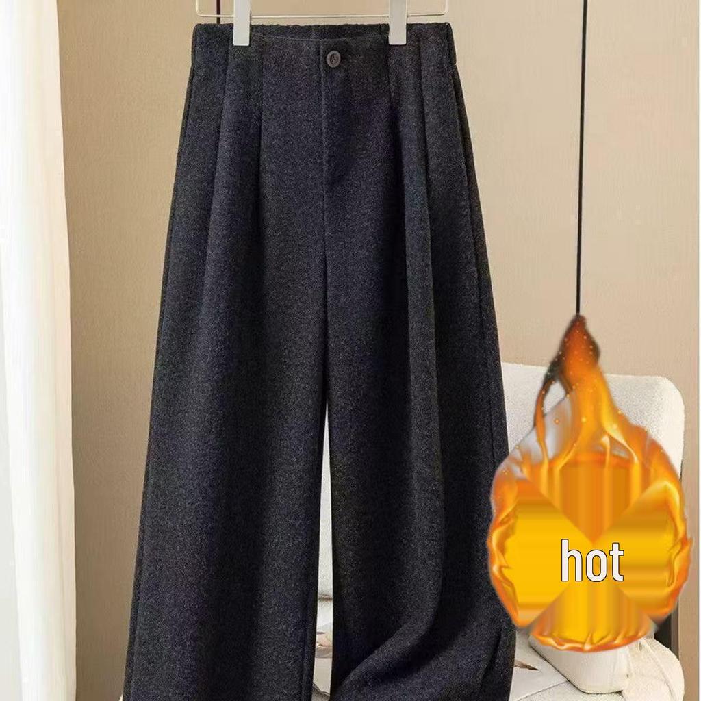 Women's Deep Gray Wool Blend Wide-Leg Pants - Autumn/Winter Drape Loose Casual Thick Long Pants