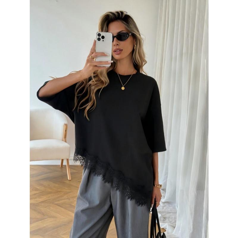 New Slanted Bottom Lace Splicing Short Sleeve T-shirt Sweet Irregular Top for Women Solid O Neck Loose Elegant Fashion Casual Office Blouse Basic Tees