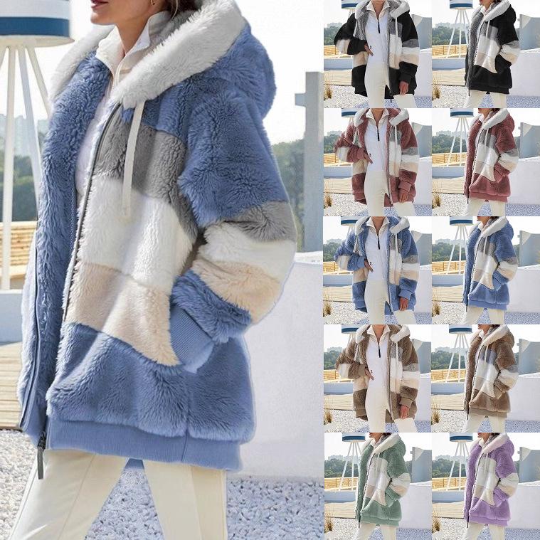 European & American Women's Autumn/Winter 2025 Plush Patchwork Zipper Pocket Hooded Loose Jacket