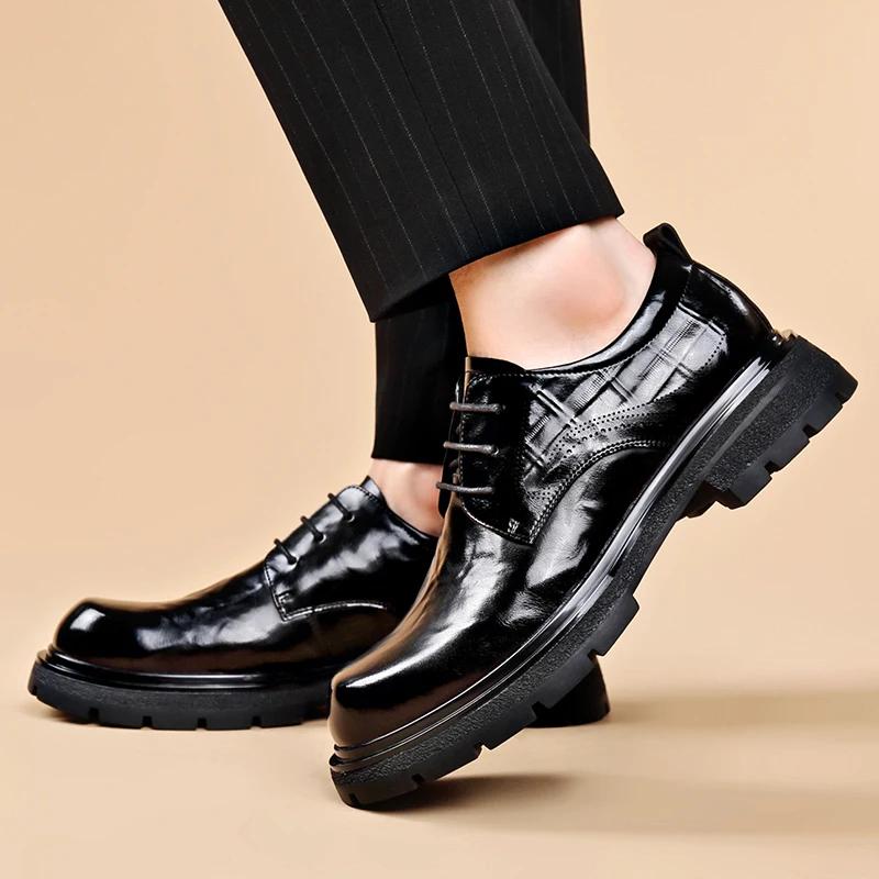Fashion Men Leather shoes Platform Oxfords lace up Thick Tottom For Male Derby Shoes Casual oxfords Mens Square Toe Formal Dress Shoes