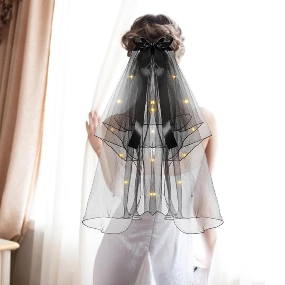 2 Tier Veils for Brides Womens Layered Black Tulle Short Wedding Veil Veil with Bow Wedding Halloween Cosplay Party