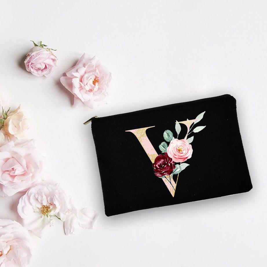 Bridesmaid Personalized White Makeup Bags Alphabet Flowers Bride Wedding Cosmetic Bag Toiletries Organizer Pouch Proposal Gifts