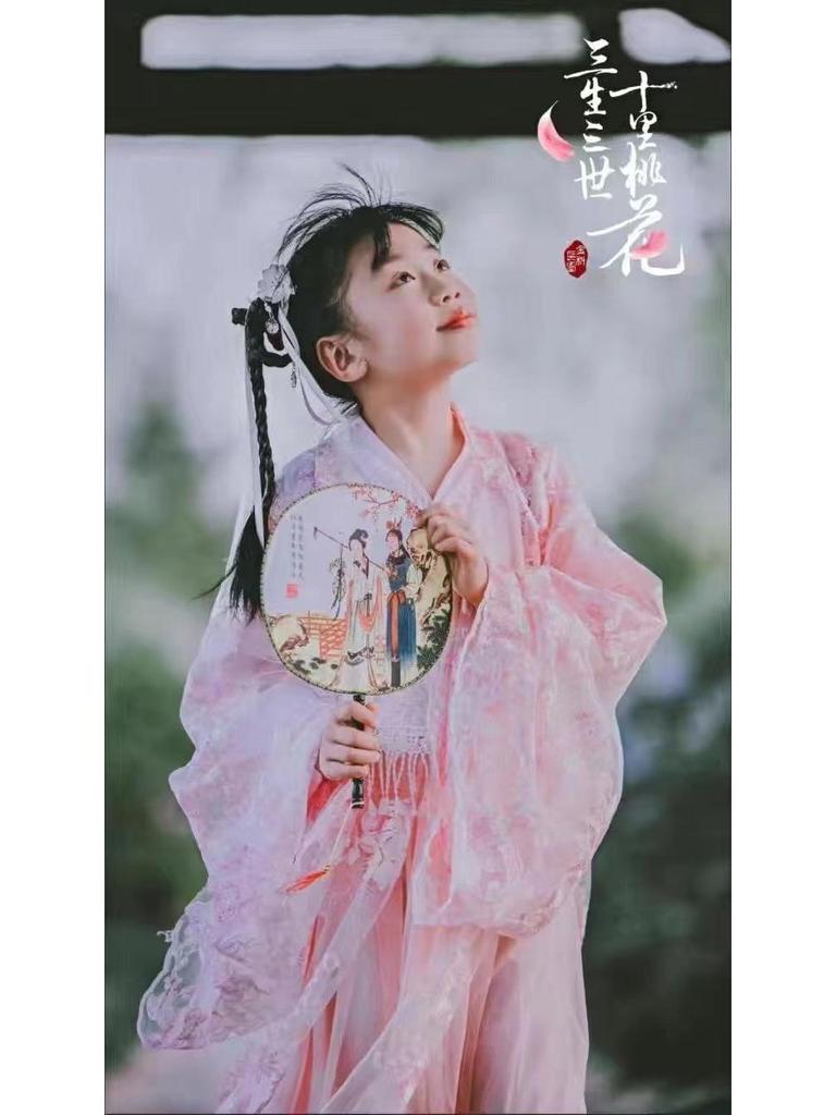 Hanfu Girls' Cherry Blossom Ruqun Dress - Long Sleeve Ancient Chinese Style for Spring & Autumn