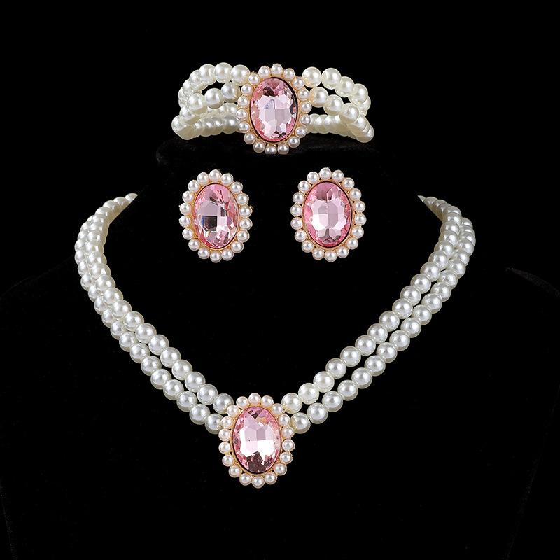 Multi-layer Neck Chain, Double-layer Imitation Pearl Oval Crystal Necklace, Stud Earrings, Bracelet, Three-piece Set.