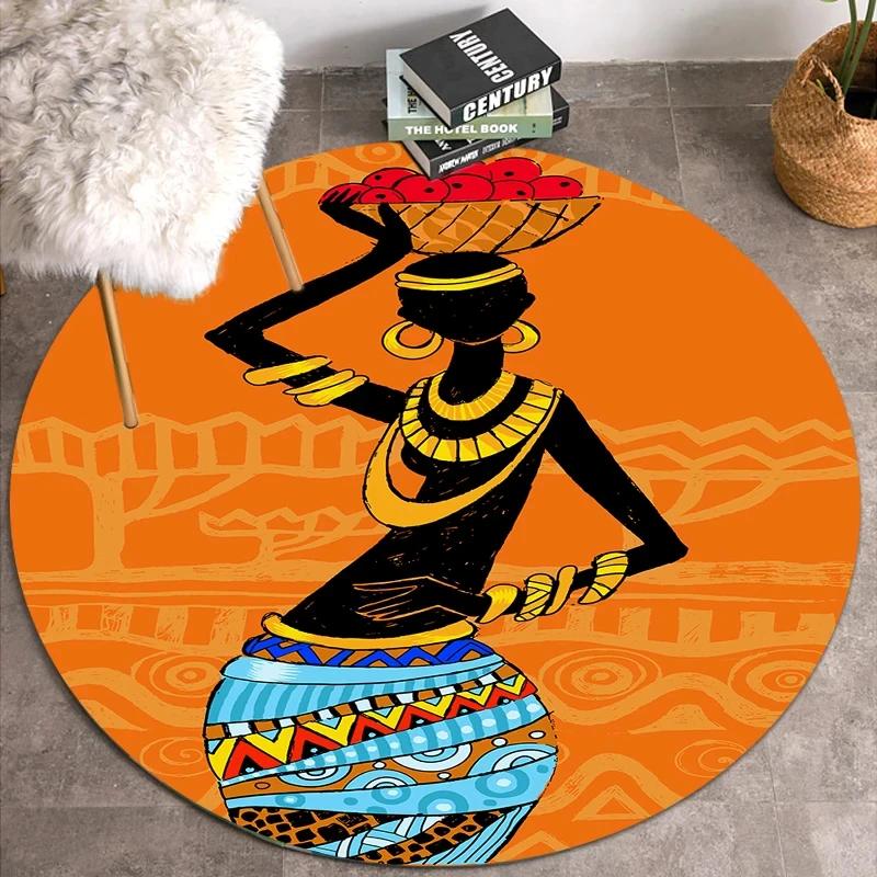 African Women Print Round Carpet Non Slip Area Rug for Living Room Bedroom Balcony Kitchen Decor Traditional Floor Mat Yoga Mats