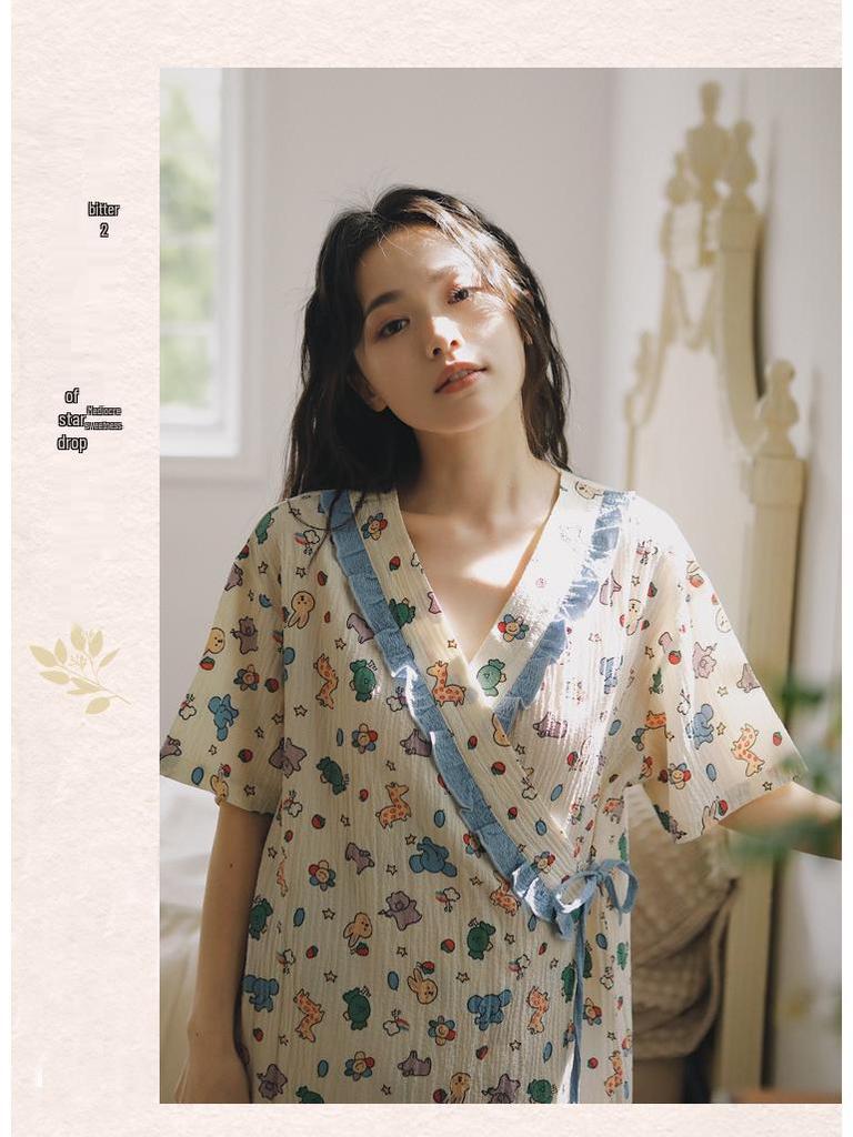 2025 Summer Kimono Maternity Nightdress - Crinkle Cotton, Postpartum Mid-Length, Short Sleeve Nursing Dress