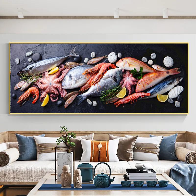 

Картина на холсте со свежей рыбой и морепродуктами, настенное искусство, морская рыба, лобстер, кальмар, постеры и принты для декора гостиной 20x60cm No Framed