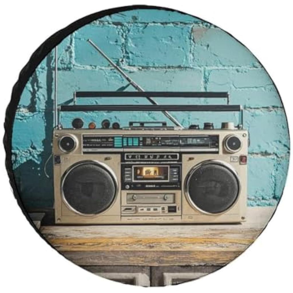 Vintage Boombox Radio On Brick Wall Spare Tire Cover Waterproof Oxford Wheel Protector for SUV RV