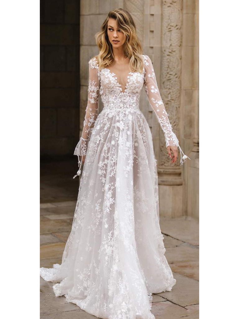 Abito da Sera da Matrimonio Europeo e Americano Primavera/Estate 2025 - Abito Lungo Sexy in Pizzo con Maniche Lunghe