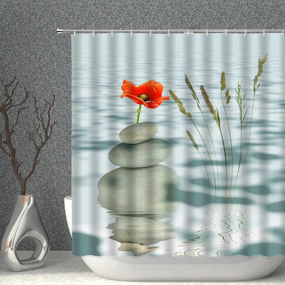 Zen Shower Curtain Green Bamboo Flowing Water Buddha Flower Goldfish Animal Bathroom Curtain Waterproof With Hooks Home Decor