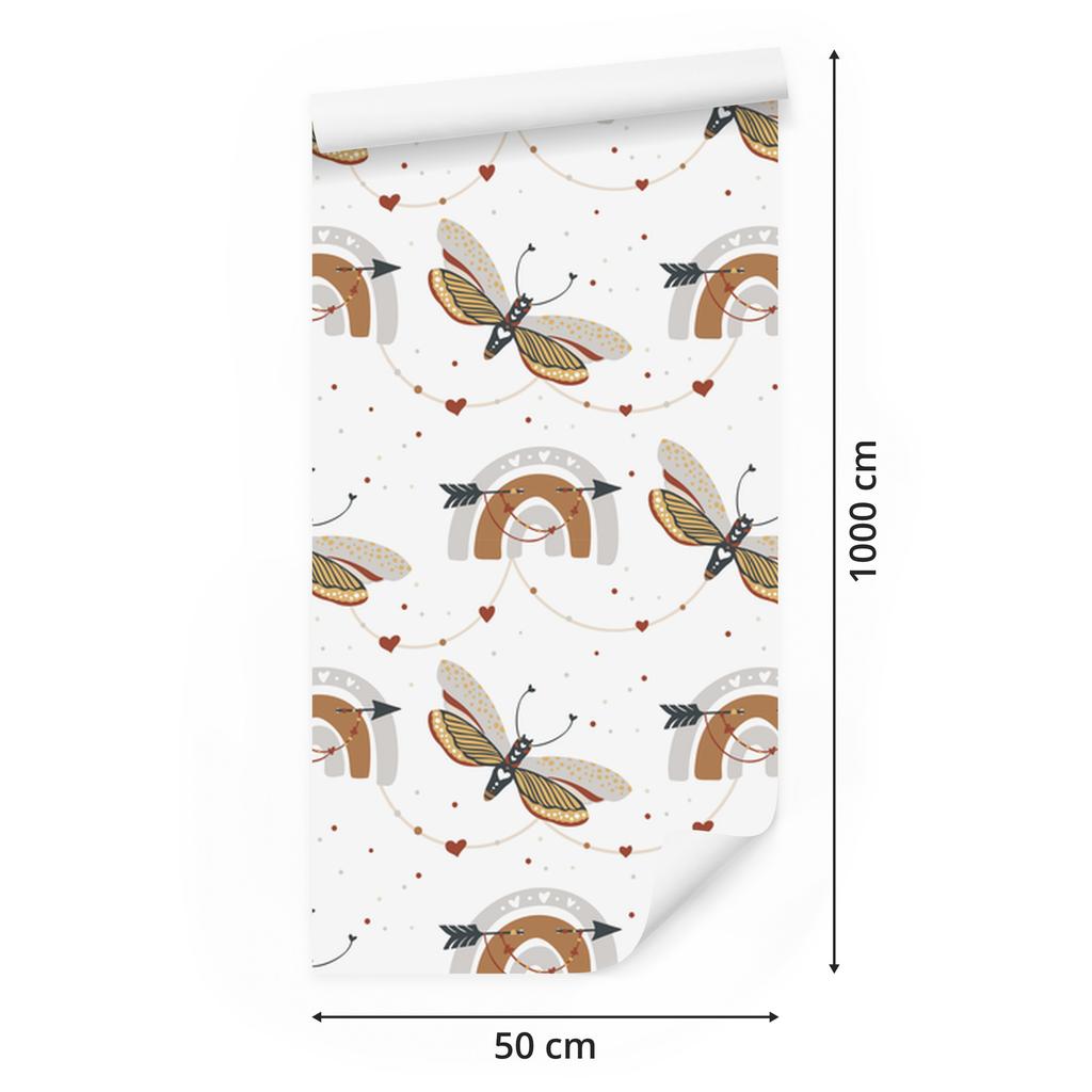 Rainbows and Butterflies Boho Wallpaper, Light Gray and Orange, 50x1000