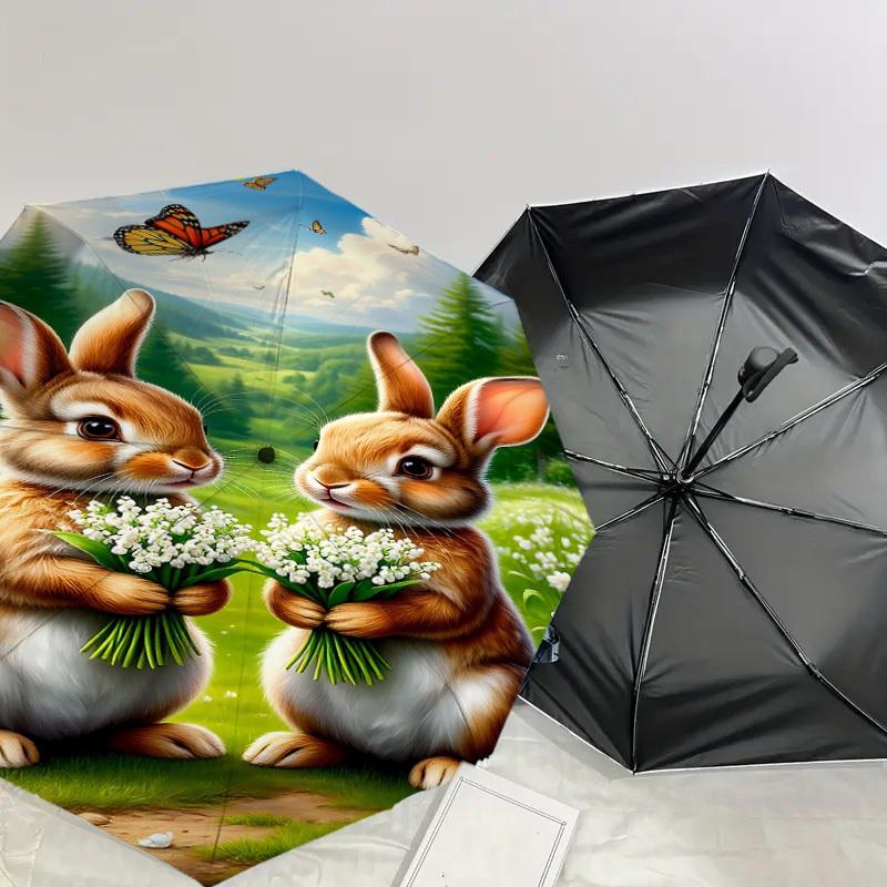 1PC Bunnies Flowers Umbrella-8-Rib Reinforced, Automatic Open, Lightweight & Durable, Fashion Accessory for Outdoor, J0329
