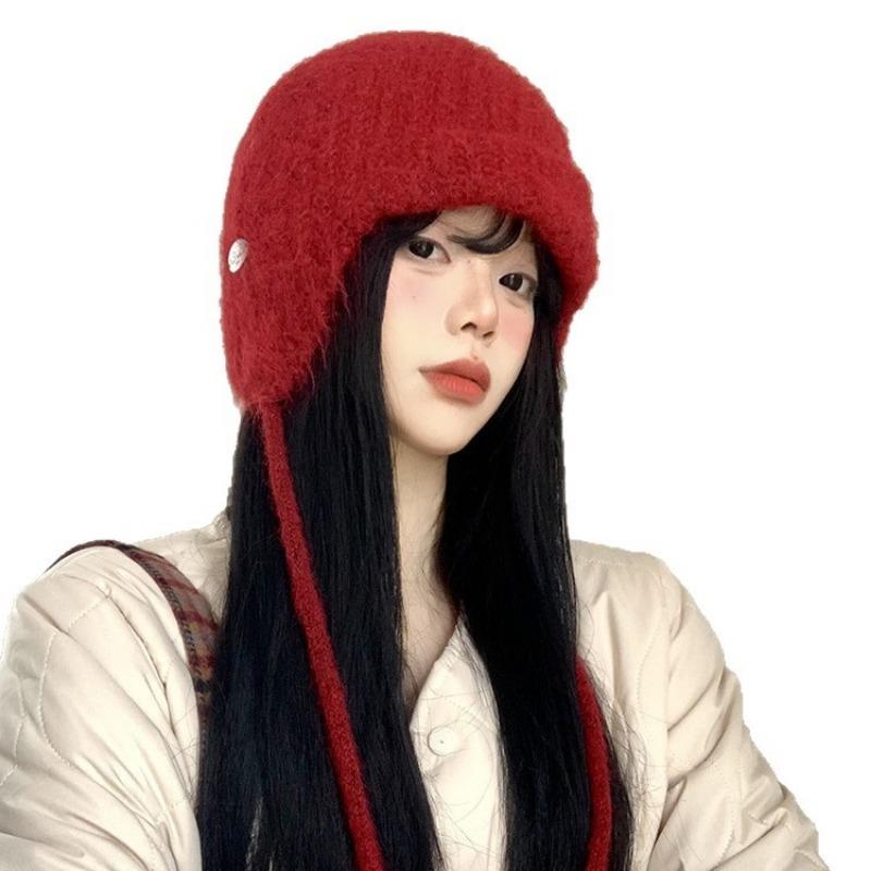 Winter Hat Women's Fleece Ear Protectors Knitted Wool Hat Big Head Circumference Headgear Outdoor Warmth
