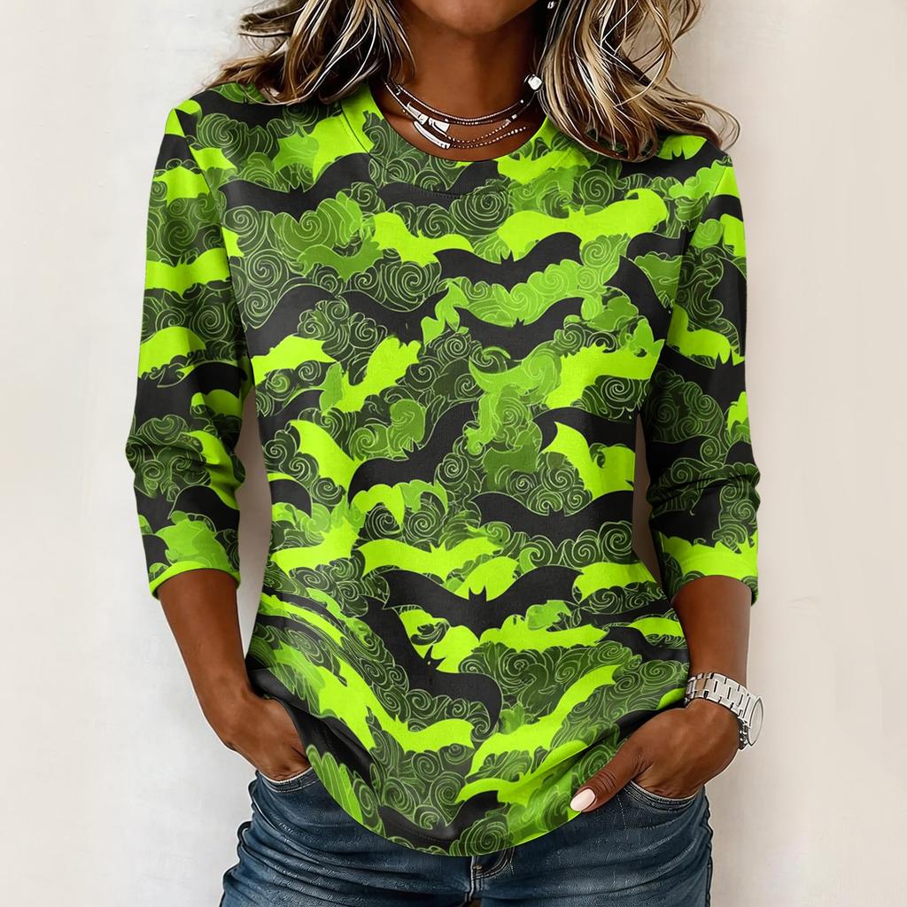 Women Loose Fit Casual 3/4 Sleeve Top Halloween Print Comfortable Pullover Lightweight Blouse for Everyday Wear
