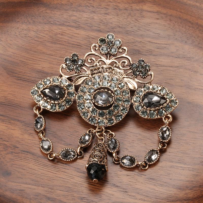 Fashion Boho Crown Brooch For Women Antique Gold Color Full Gray Crystal Moroccan Wedding Jewelry African Bridal Bijoux