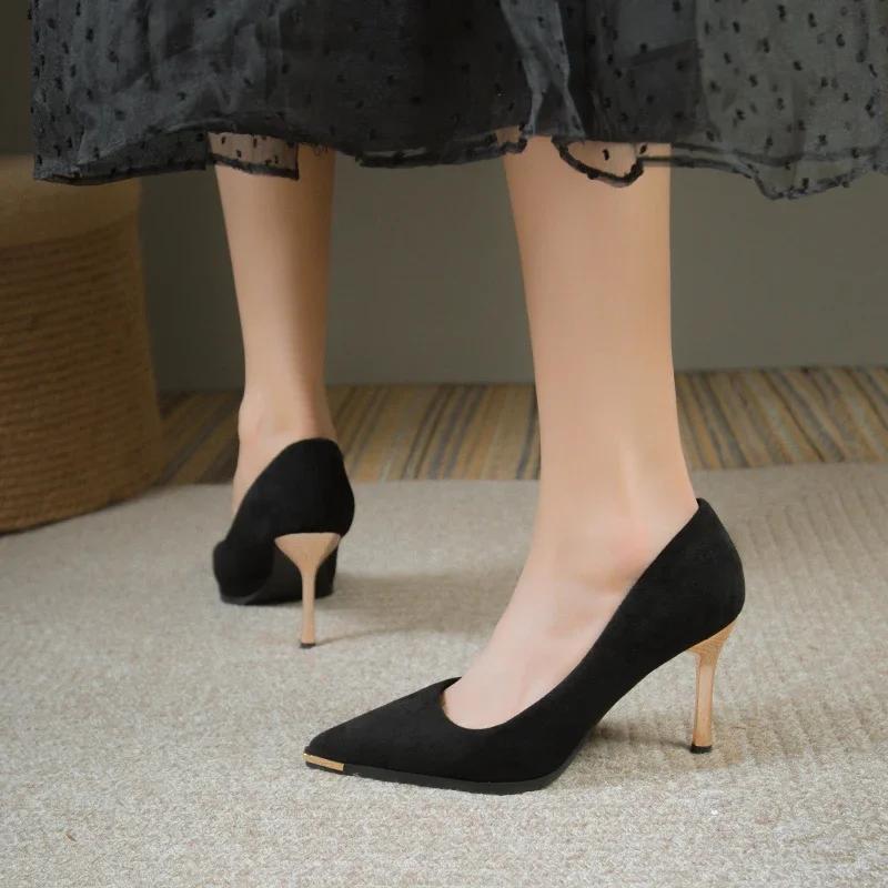 Ladies Elegant High Heels Metal Toe Pointed Tip Shallow Mouth Black Heels Suede Spring Autumn Leisure Versatile Womens Shoes