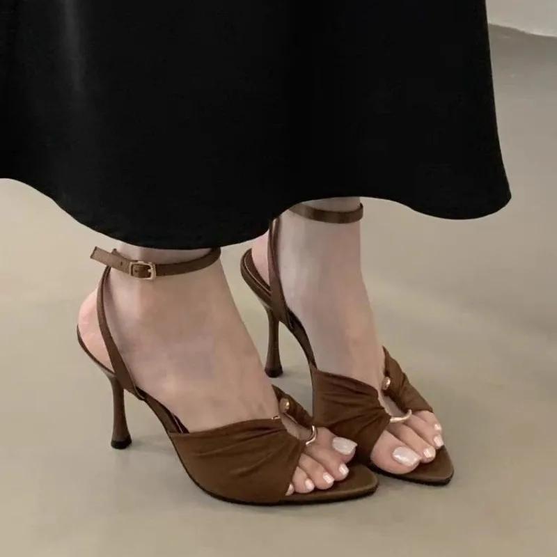 Women Sandals Summer Pointed Toe Thin High Heels Banquet Party Female Shoes Sexy Pleated Hollow Out Buckle Strap Sandals Women